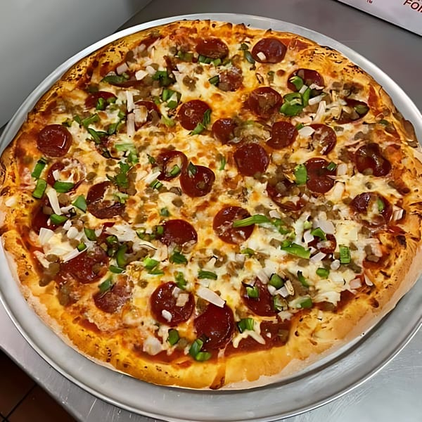 A large, round Sammy's Italian pizza with pepperoni, sausage, green peppers, and onions.